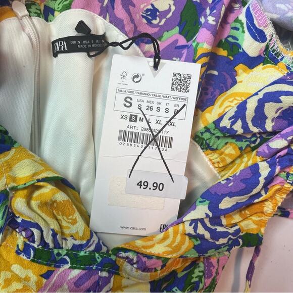 Zara Purple/Yellow/Blue Floral Corset Style Puff Sleeve Mini Dress Small NWT - Picture 3 of 8